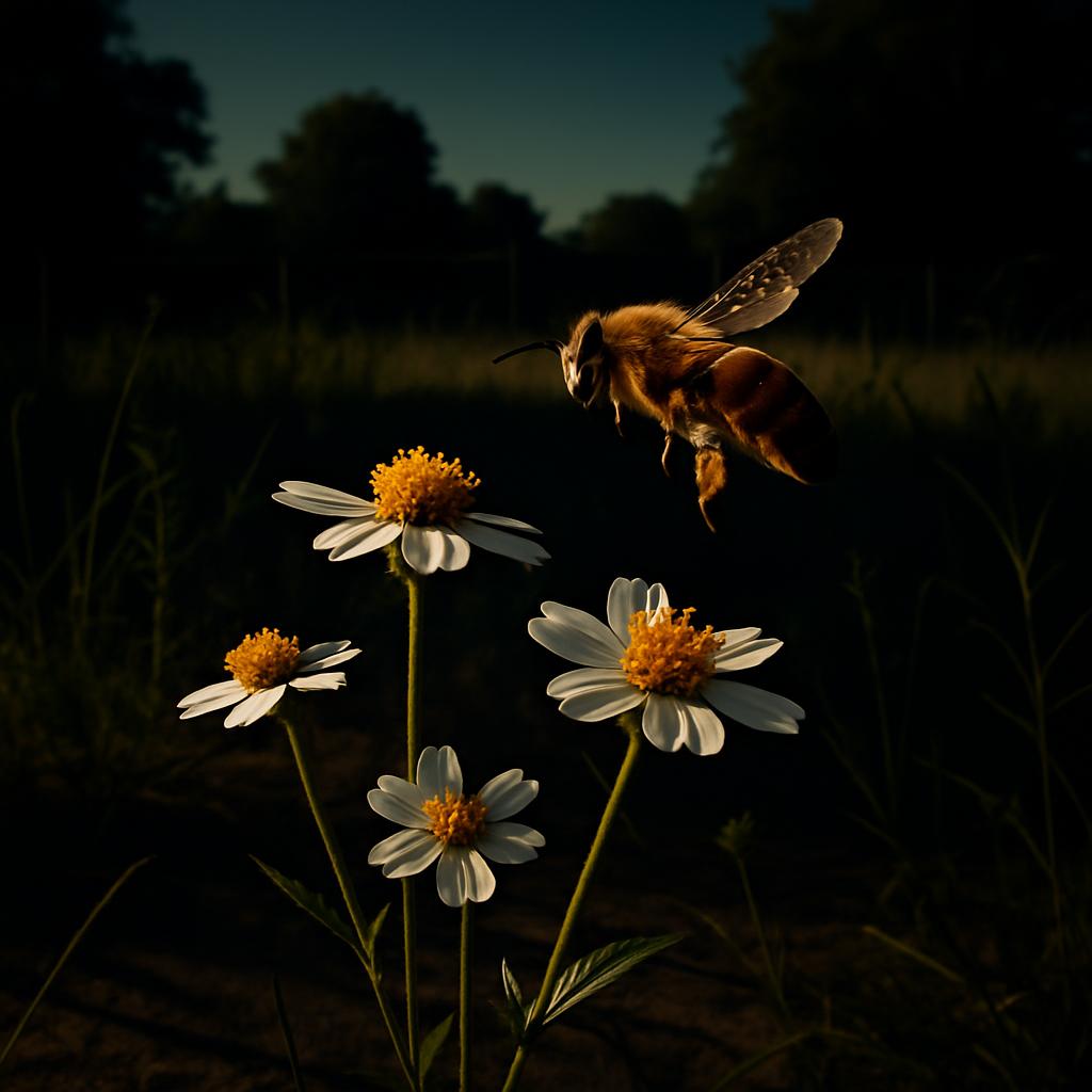 A bee in flight near three white flowers with yellow centers in a field on a sunny day.