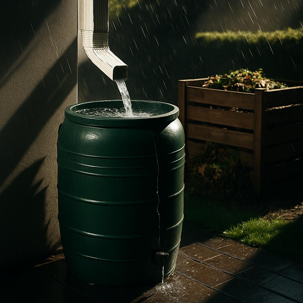 Here is the alt text: "Rainwater flowing from a downspout into a green barrel on a dark patio during a rainstorm."