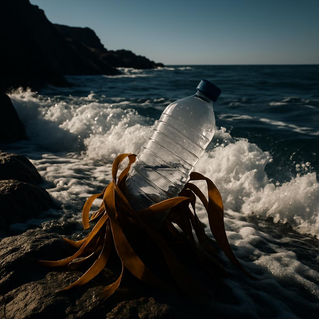 A discarded plastic bottle with algae on the beach, with water in the background.