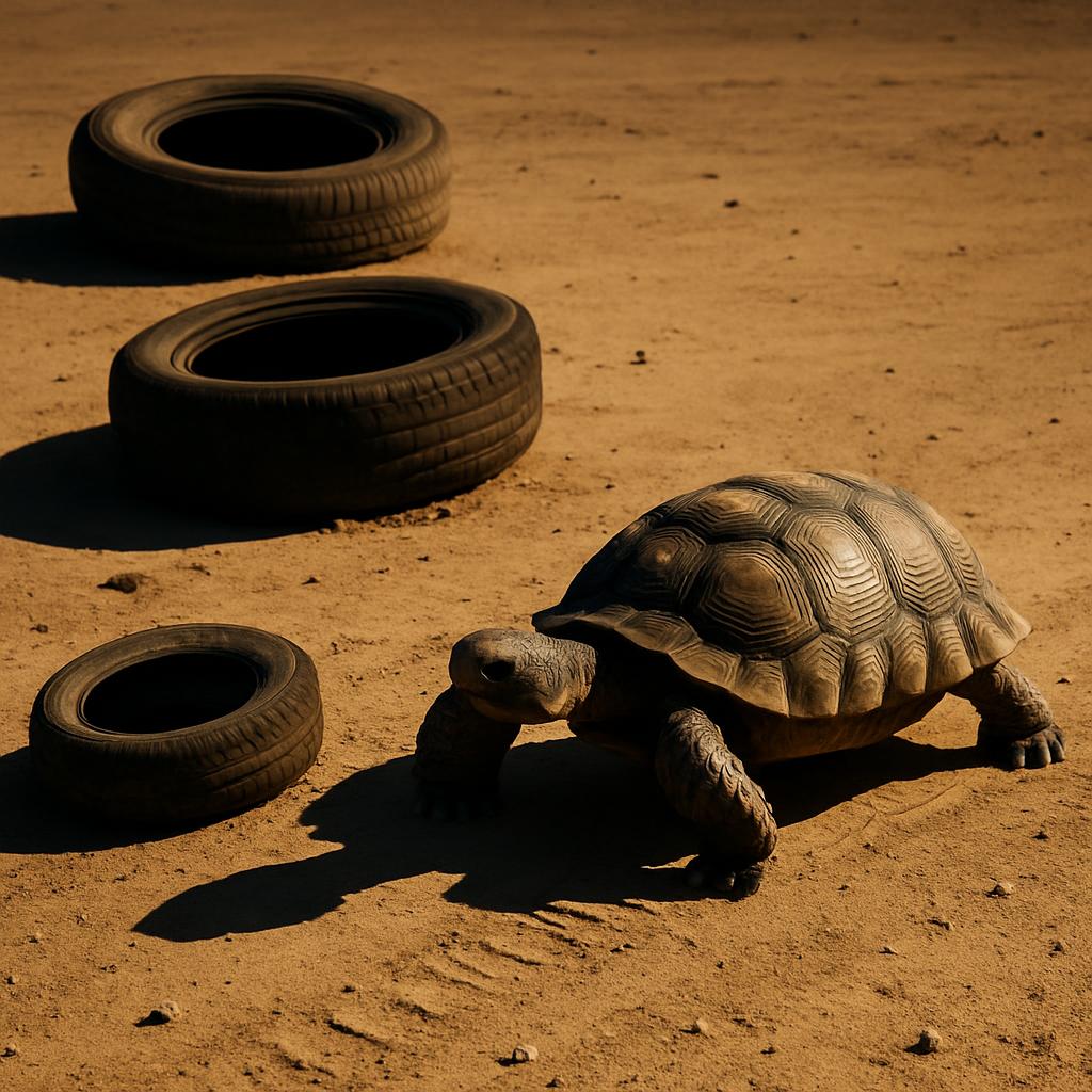 An image depicts a tortoise crossing the dirt against a backdrop of three stacked tires.